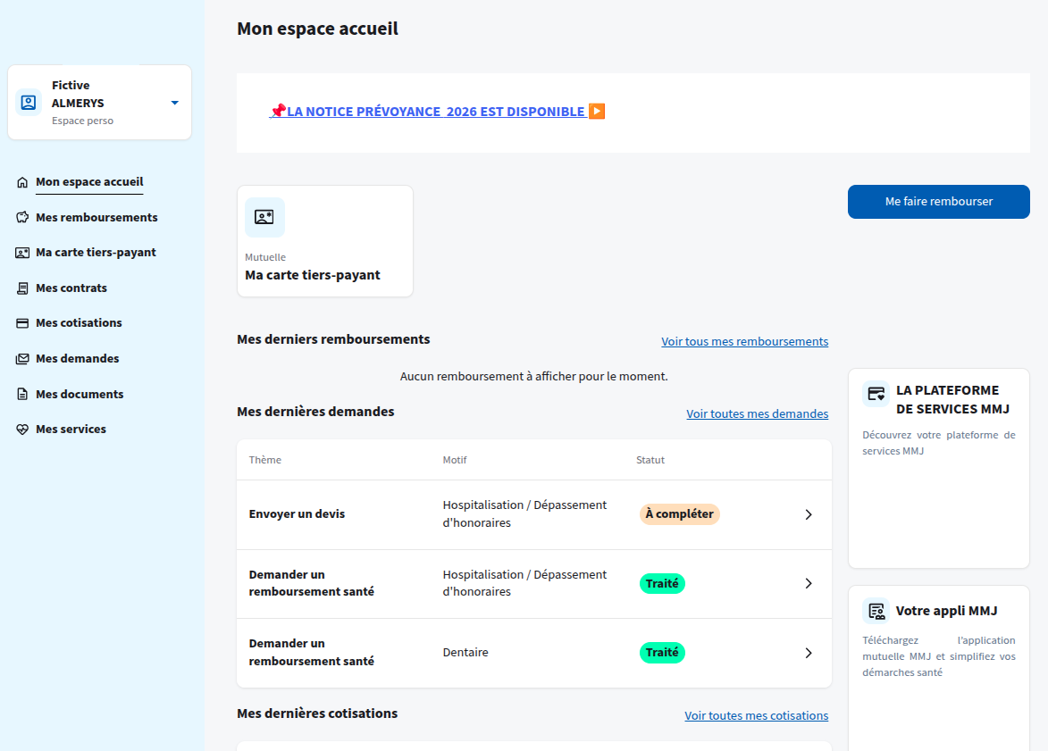 Accueil de l’espace adhérent SPS avec accès aux contrats, remboursements et demandes