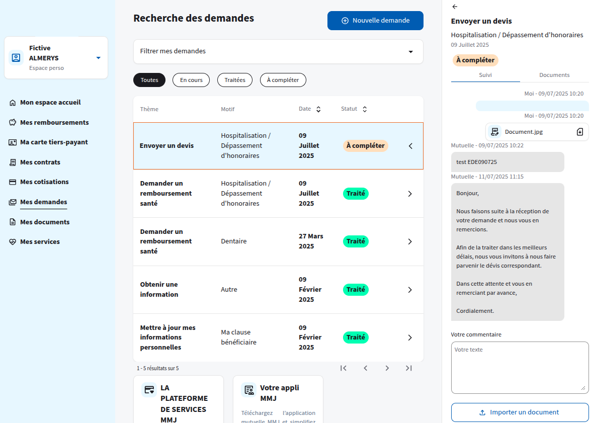 Suivi des demandes et des échanges avec la mutuelle